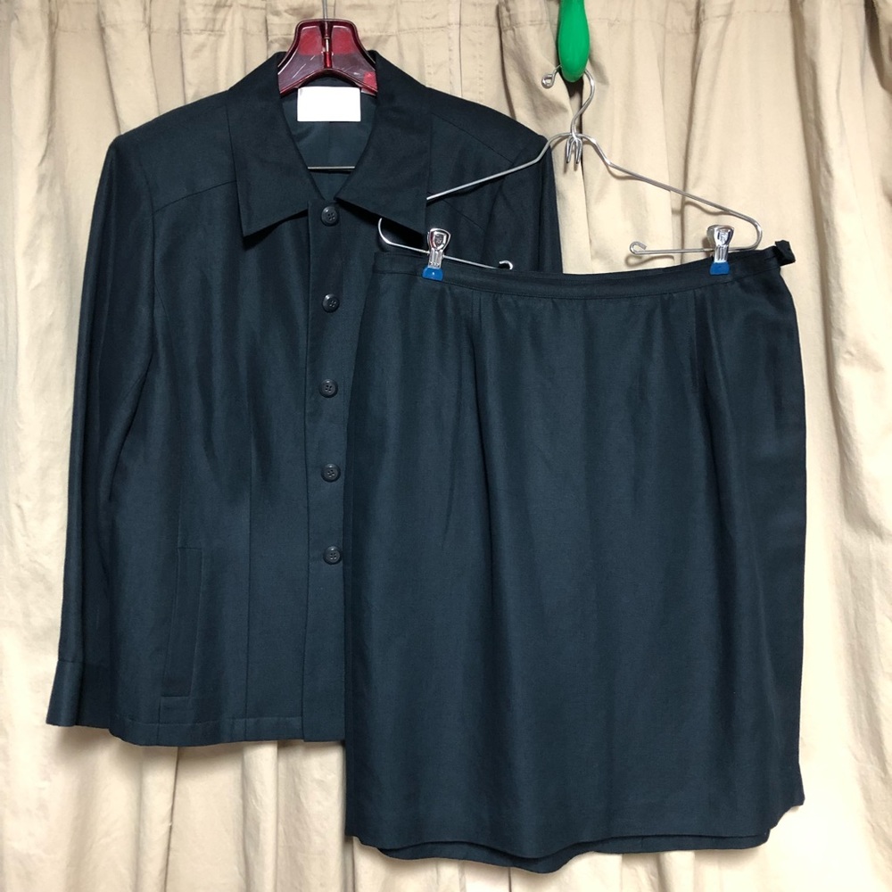 Vintage Dark Blue 2pc Linen Rayon Skirt Suit 14P
